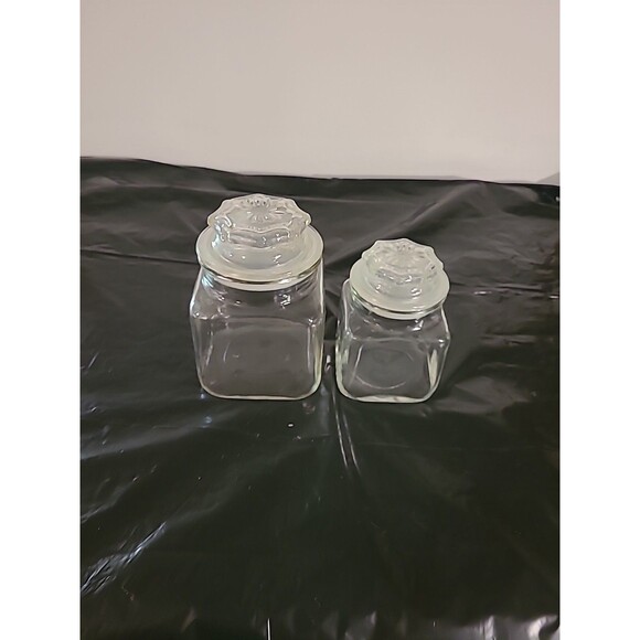(2) Vintage Anchor Hocking Square Kitchen Jar Canister Clear Glass Starburst Lid - Picture 2 of 9